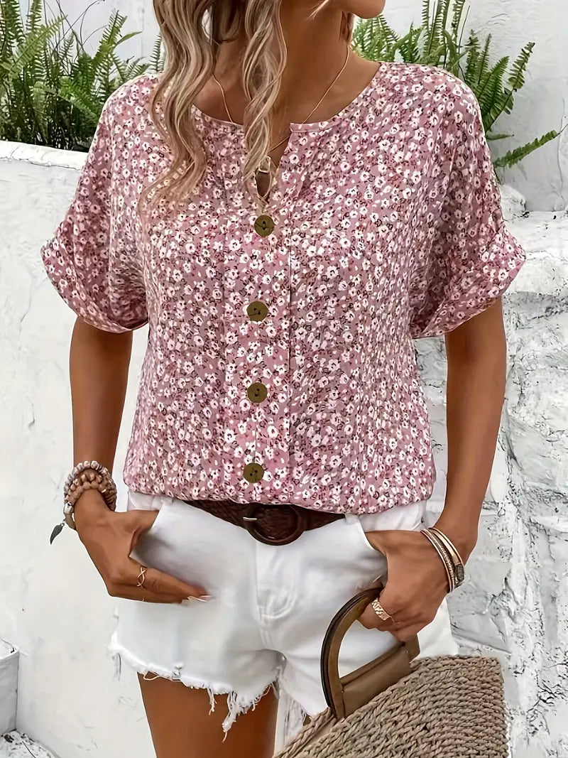 Verna | Womens Chic Loose Fit V-Neck Short Sleeve Floral Print Blouse 4