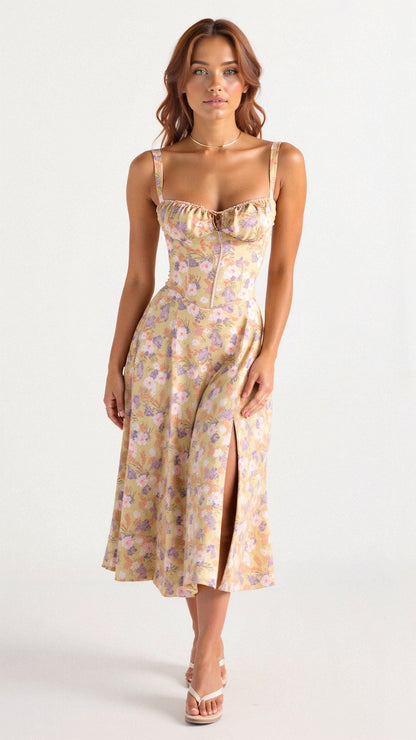 Wedding Guest A-Line Bustier Side Slit Maxi Dress | Alina 1