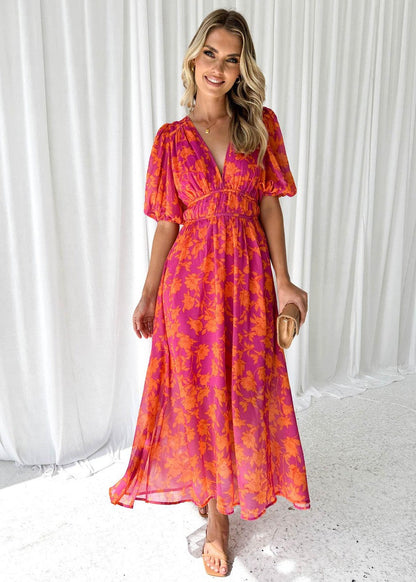 Wedding Guest Floral V-Neck Maxi Dress | Rose 1