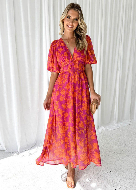 Wedding Guest Floral V-Neck Maxi Dress | Rose 1