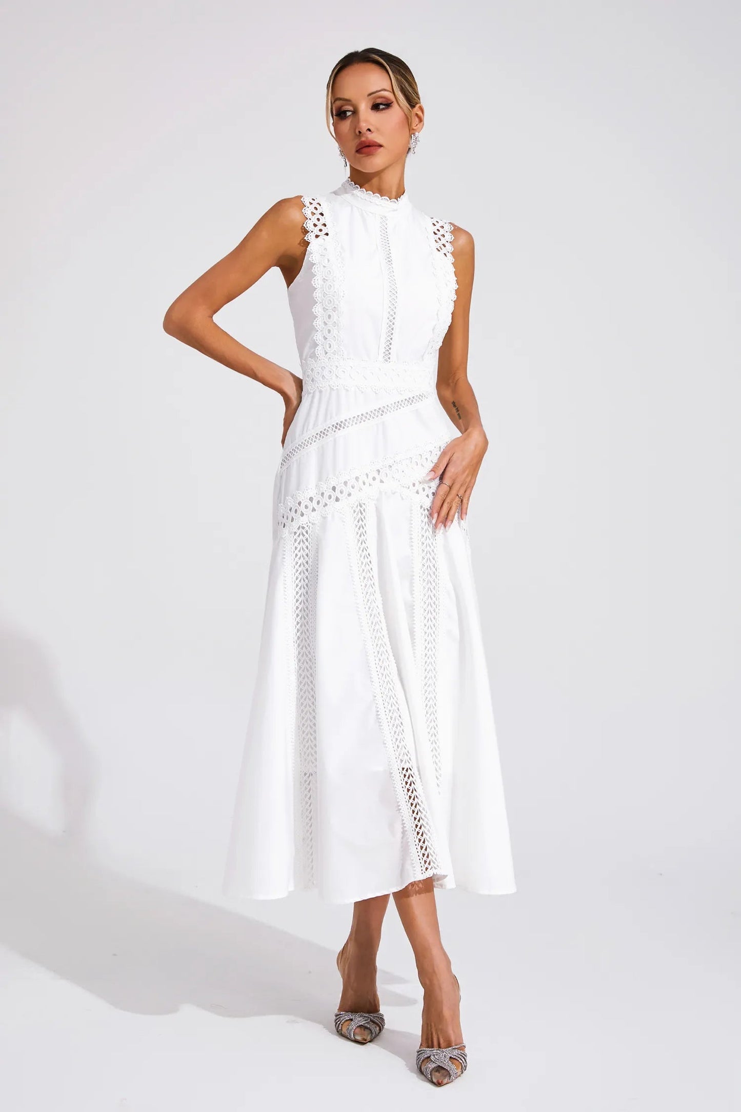 Wedding Guest Lace Midi Sleeveless Elegant Dress | Mira 7