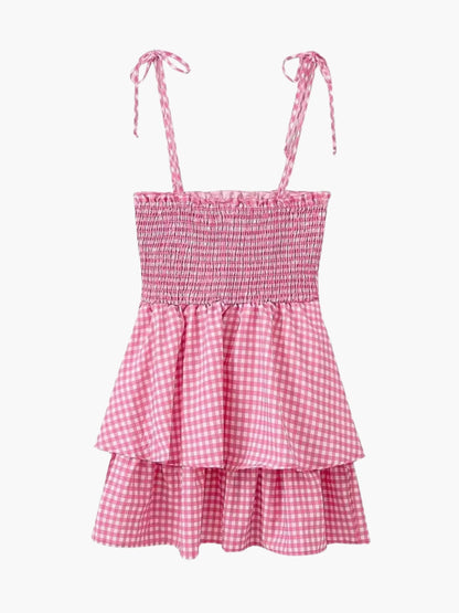 Wibke | Womens Summer Spaghetti Strap Flounce Skirt Checked Mini Dress 3