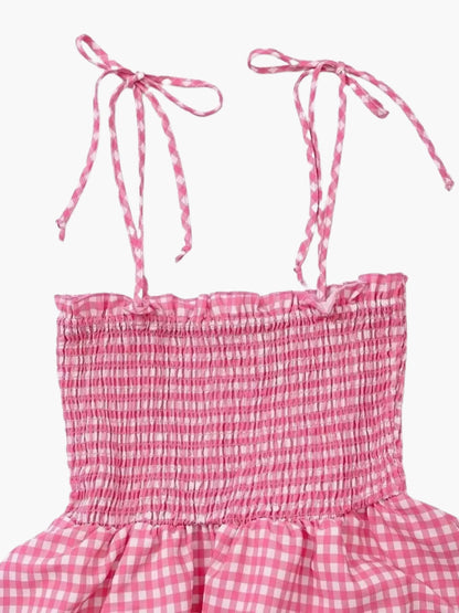Wibke | Womens Summer Spaghetti Strap Flounce Skirt Checked Mini Dress 4
