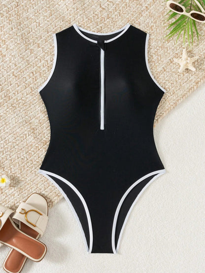 Zara | Womens Sporty Elegant High Neck Zipper Backless Tummy Control One-Piece Swimsuit 7