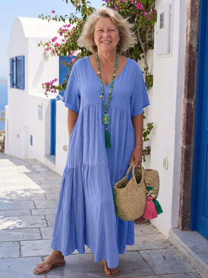 Womens Boho Cotton V-Neck Tiered Flowy Maxi Dress with Pockets - Zinnia 3