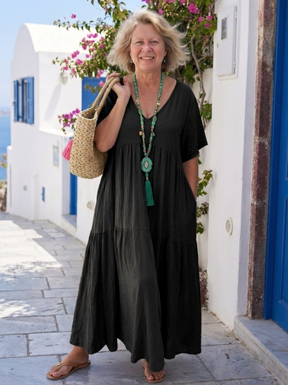 Womens Boho Cotton V-Neck Tiered Flowy Maxi Dress with Pockets - Zinnia 4