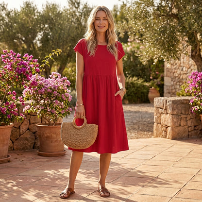 Liora | Women Knee Length Dress Empire Style Short Sleeve Pockets Casual 16