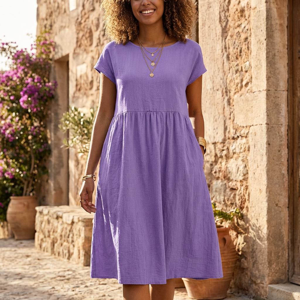 Liora | Women Knee Length Dress Empire Style Short Sleeve Pockets Casual 13