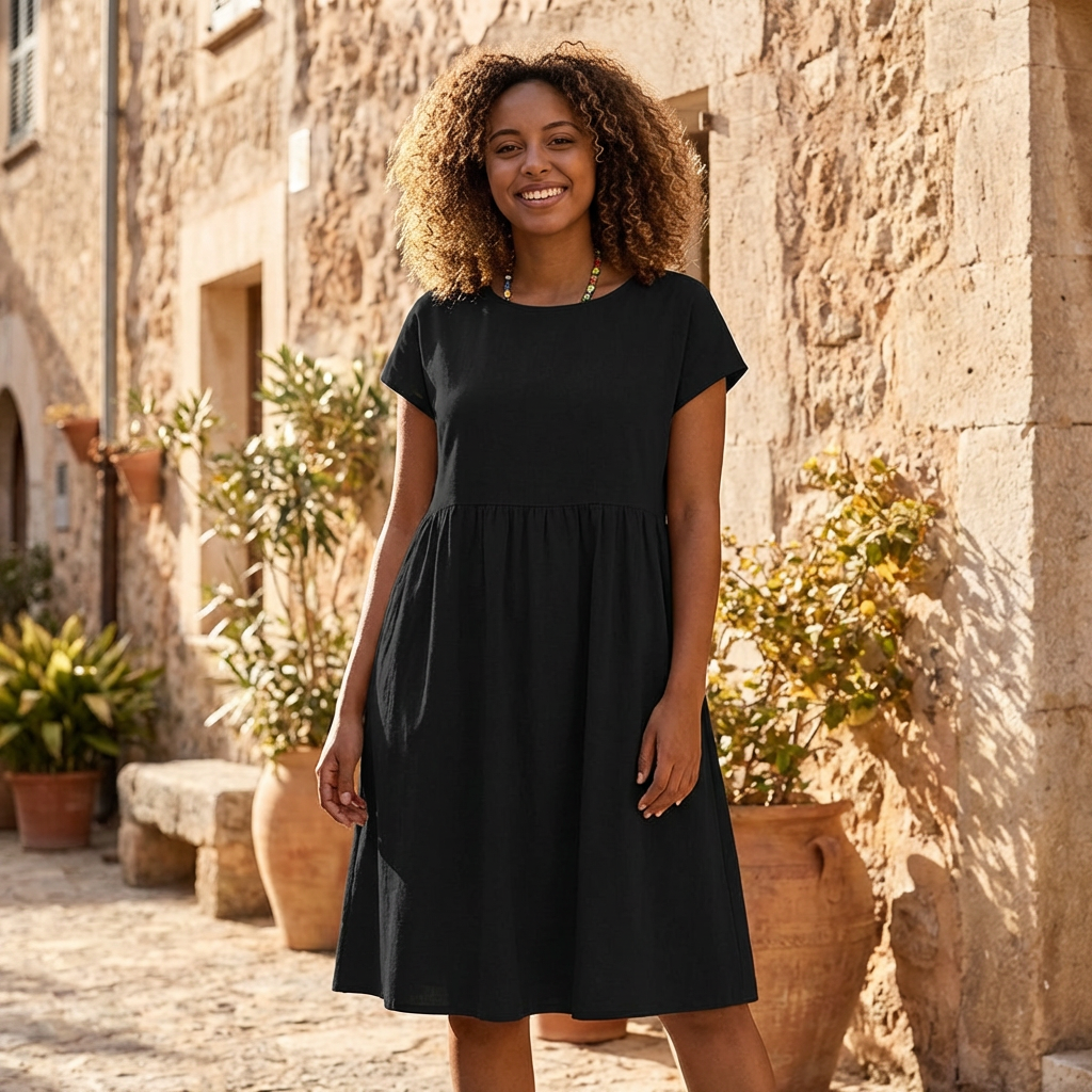 Liora | Women Knee Length Dress Empire Style Short Sleeve Pockets Casual 11