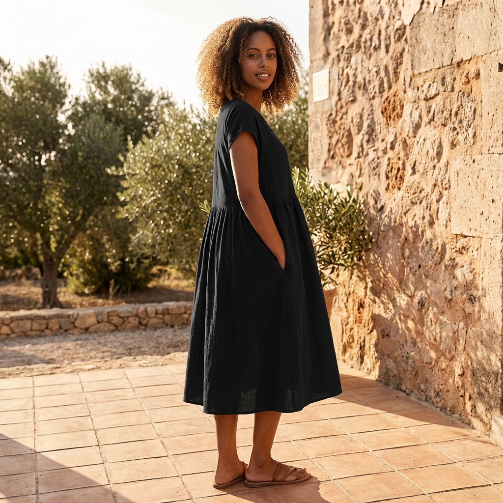 Liora | Women Knee Length Dress Empire Style Short Sleeve Pockets Casual 10