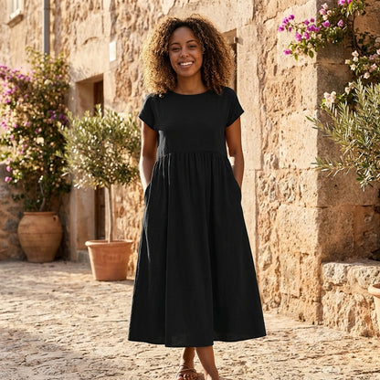 Liora | Women Knee Length Dress Empire Style Short Sleeve Pockets Casual 9