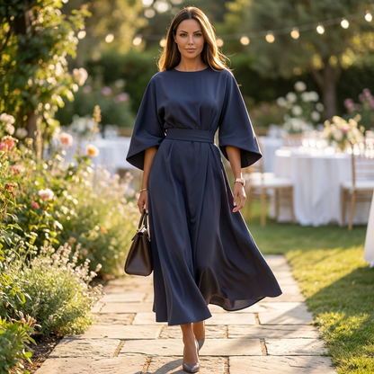 Liora | Women Midi Dress Cape Sleeve Relaxed Fit Belted Formal Wedding Guest 6
