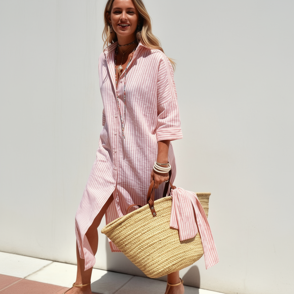 Celine | Women Midi Dress Collared Relaxed Fit Striped Short Sleeve Summer Beach 2