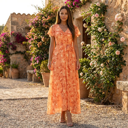 Liora | Womens Floral Maxi Dress Elegant Flutter Sleeve V-Neck Boho Flowy Wedding Guest Summer Beach 6