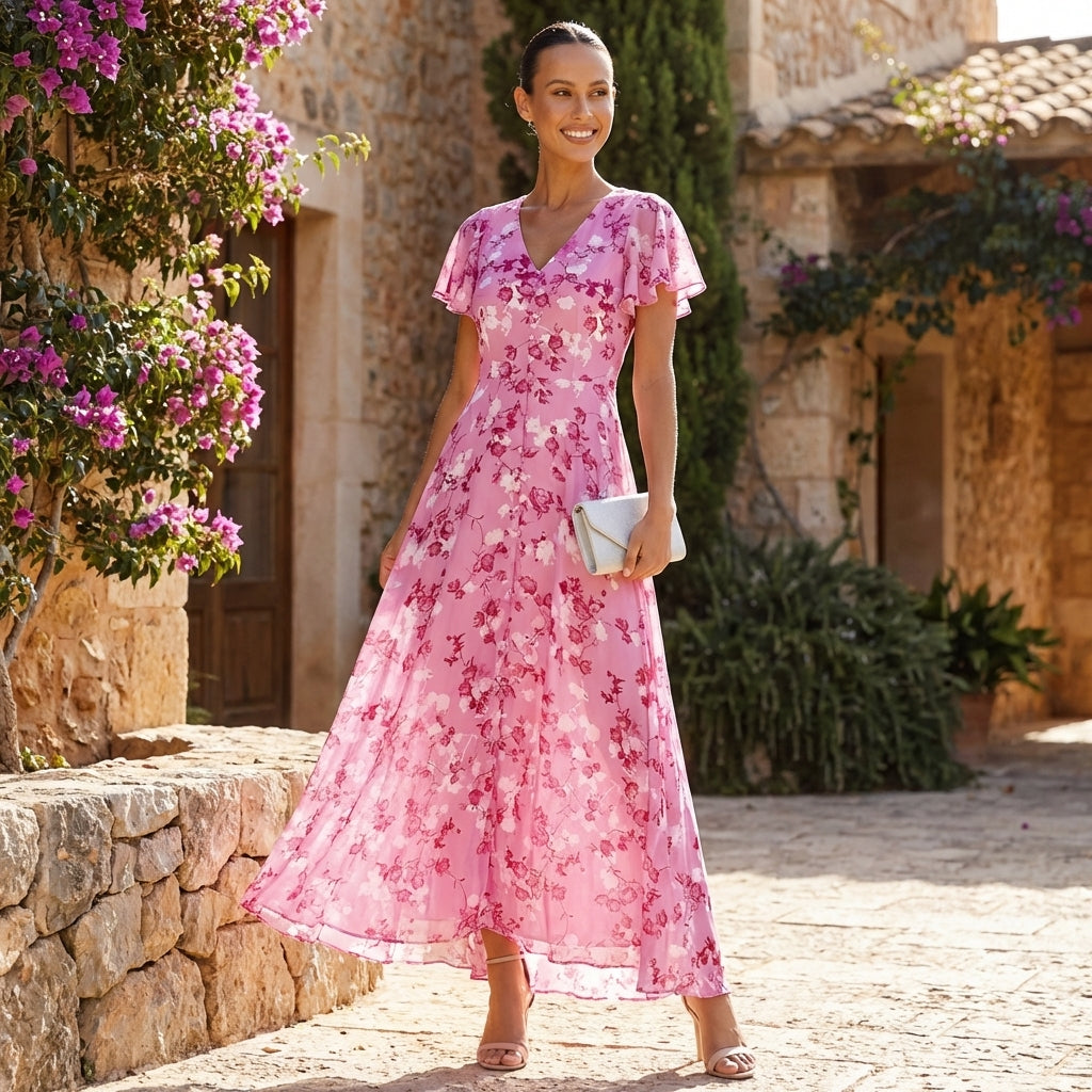 Liora | Womens Floral Maxi Dress Elegant Flutter Sleeve V-Neck Boho Flowy Wedding Guest Summer Beach 1