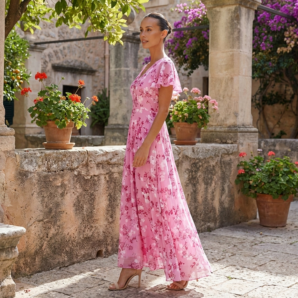 Liora | Womens Floral Maxi Dress Elegant Flutter Sleeve V-Neck Boho Flowy Wedding Guest Summer Beach 5