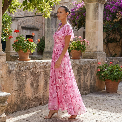 Liora | Womens Floral Maxi Dress Elegant Flutter Sleeve V-Neck Boho Flowy Wedding Guest Summer Beach 5
