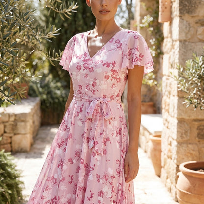 Liora | Womens Floral Maxi Dress Elegant Flutter Sleeve V-Neck Boho Flowy Wedding Guest Summer Beach 4