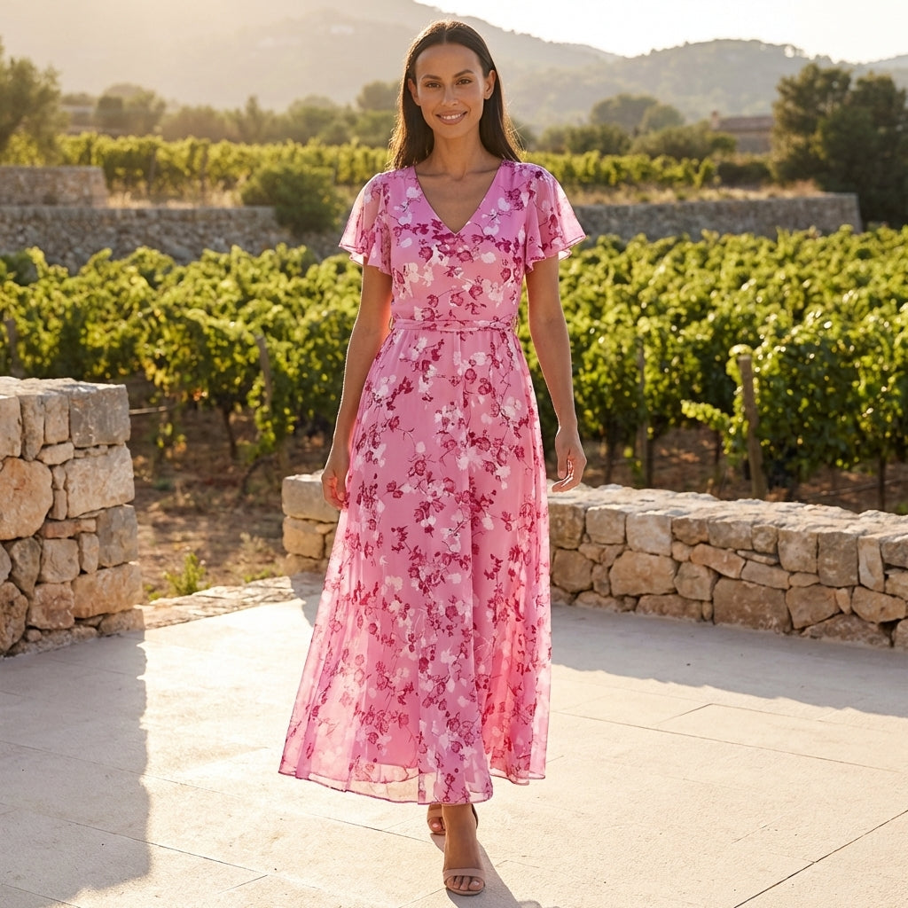 Liora | Womens Floral Maxi Dress Elegant Flutter Sleeve V-Neck Boho Flowy Wedding Guest Summer Beach 2