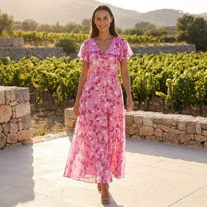 Liora | Womens Floral Maxi Dress Elegant Flutter Sleeve V-Neck Boho Flowy Wedding Guest Summer Beach 2