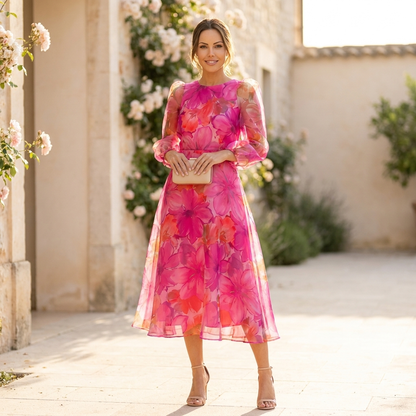 Alexa | Womens Wedding Guest Chiffon Cowl Neck Sheer Long Sleeve Corset-Style Floral Midi Dress 1