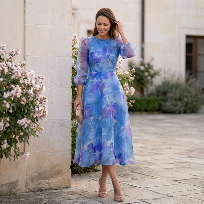 Alexa | Womens Wedding Guest Chiffon Cowl Neck Sheer Long Sleeve Corset-Style Floral Midi Dress 2